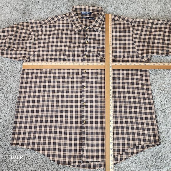 Vintage Nautica Shirt Men's XL Brown Tan Striped Long Sleeve Casual Pocket Logo - Picture 7 of 12
